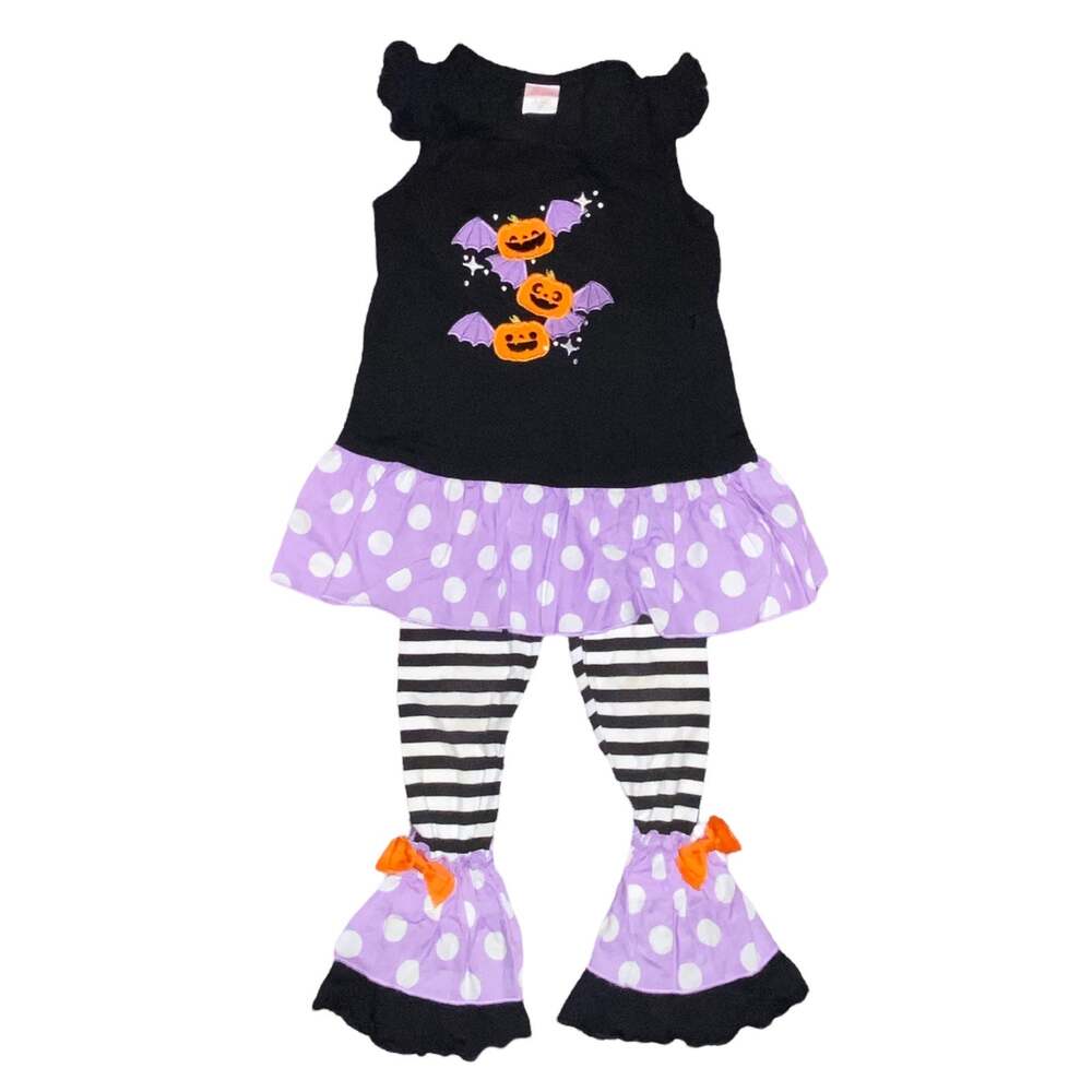 2T Ricrac & Ruffles Boutique Halloween Pumpkin Bats 2pc Pants & Top Outfit Set